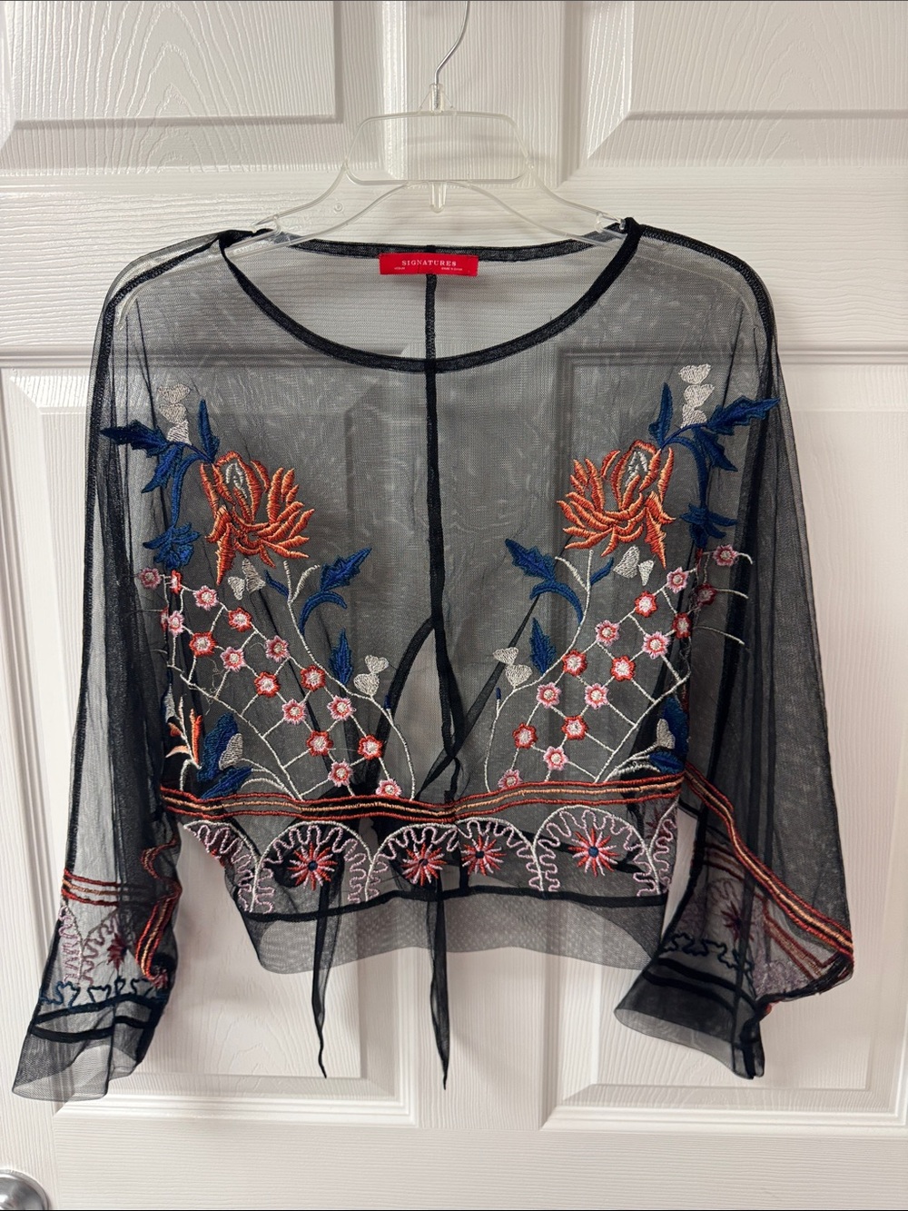 Signature Sheer Black Cropped Tie-Front Blouse with Multicolor Floral Embroidery